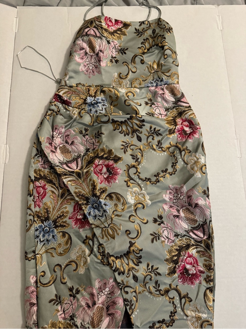Floral Brocade Midi Dress in Sage Green with Pink & Gold Accents